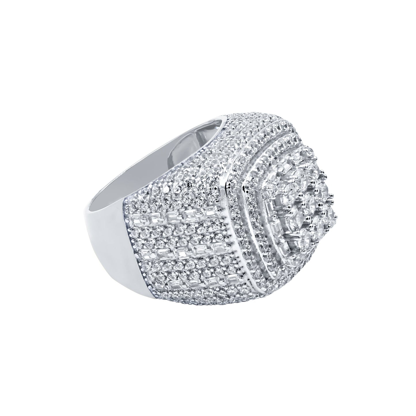 THREE ROW STONE EMBEDED RING // ICED X BAGUETTE WHITE GOLD