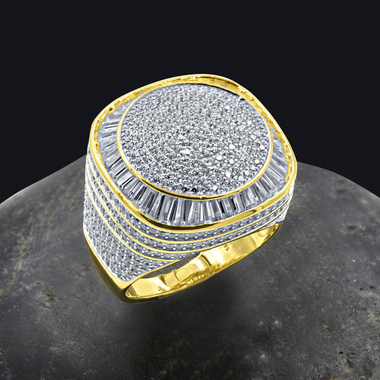 CENTER ROUND SURFACE RING // ICED X BAGUETTE YELLOW GOLD