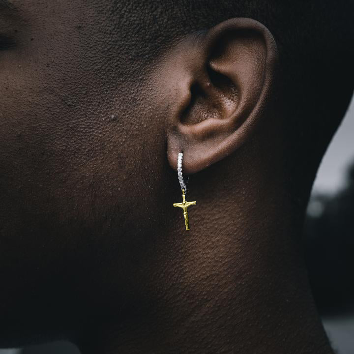 SOLID JESUS CROSS x ICED DANGLY HOOP EARRINGS IN YELLOW GOLD