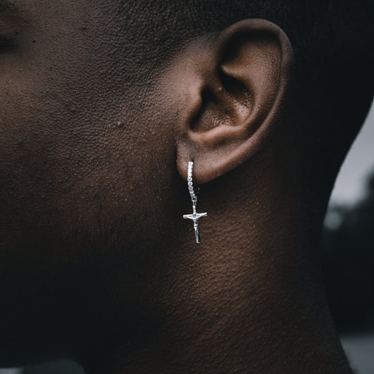 SOLID JESUS CROSS x ICED DANGLY HOOP EARRINGS IN WHITE GOLD