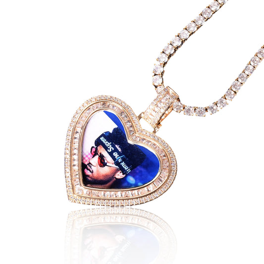 CUSTOM ROUND CUT x BAGUETTE DIAMOND HEART PHOTO PENDANT + CHAIN