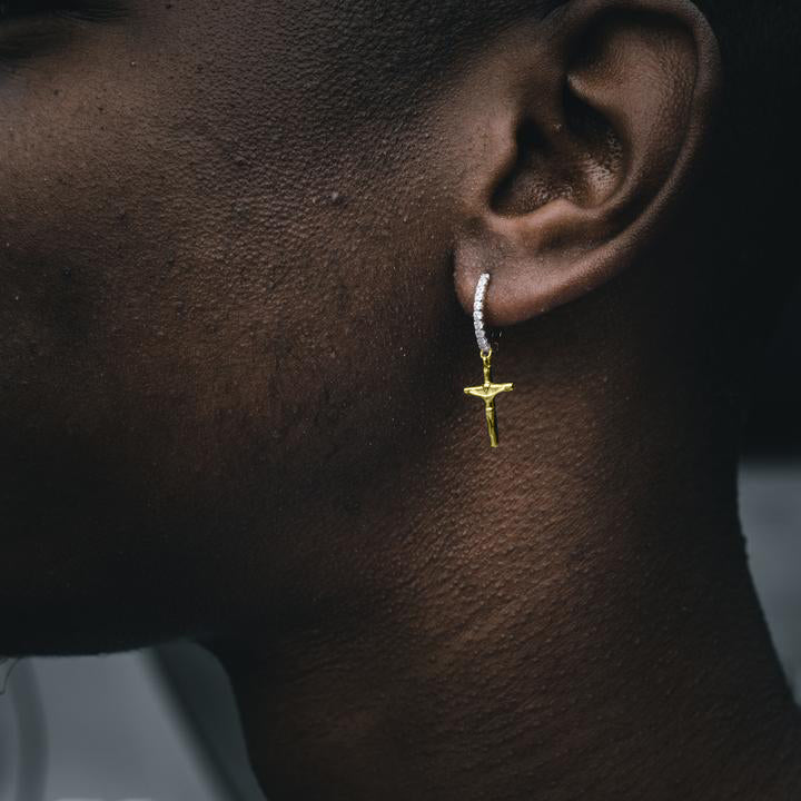 SOLID JESUS CROSS x ICED DANGLY HOOP EARRINGS IN YELLOW GOLD