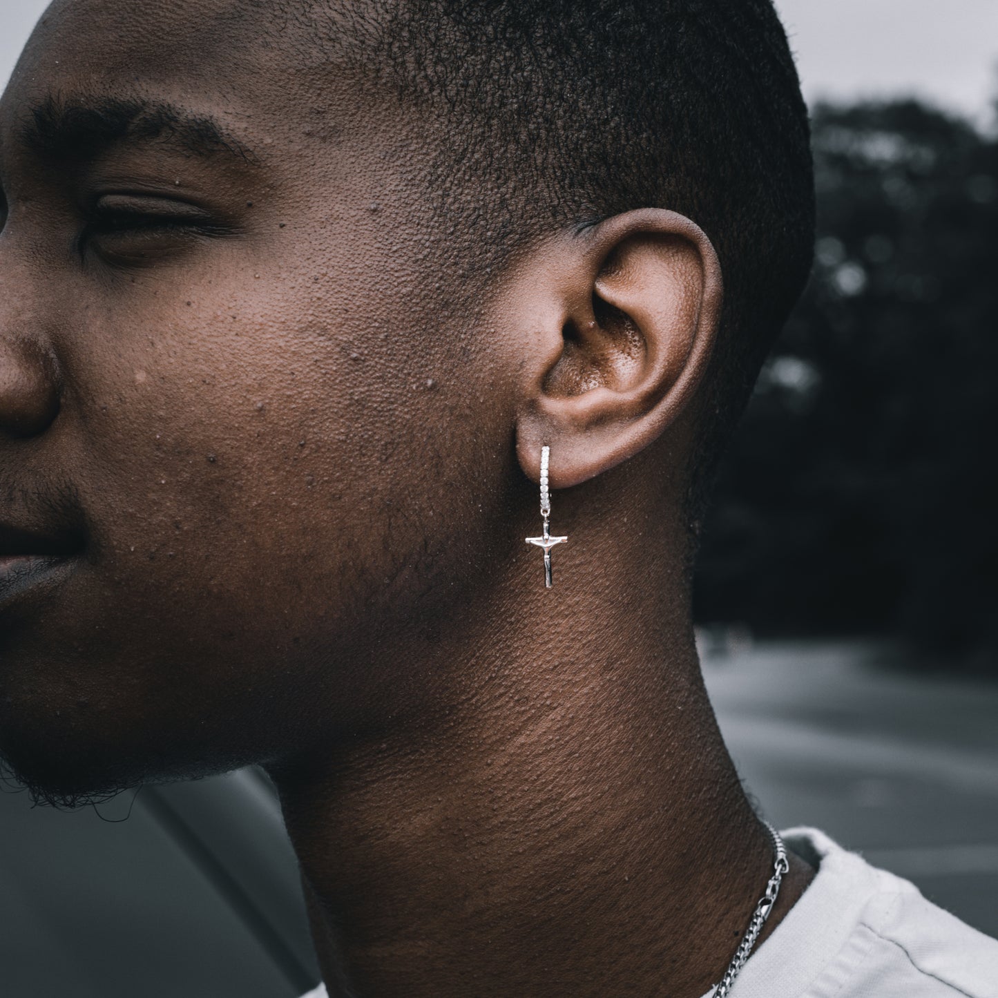 SOLID JESUS CROSS x ICED DANGLY HOOP EARRINGS IN WHITE GOLD