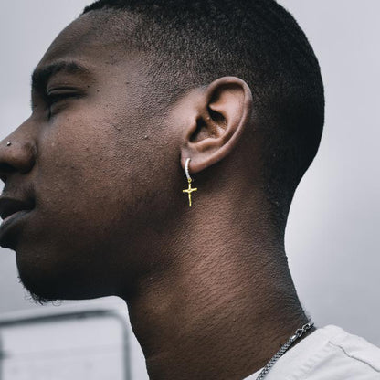 SOLID JESUS CROSS x ICED DANGLY HOOP EARRINGS IN YELLOW GOLD