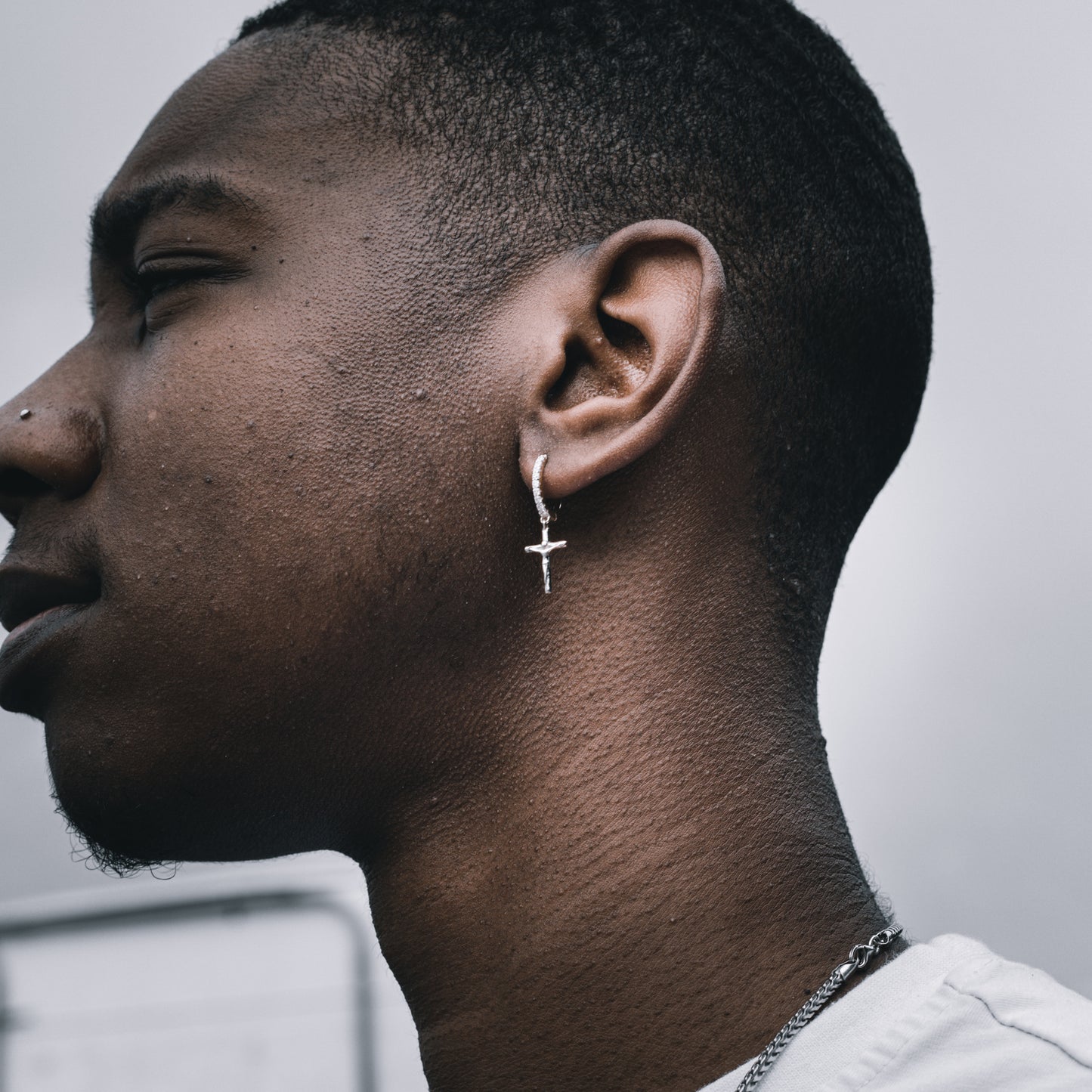 SOLID JESUS CROSS x ICED DANGLY HOOP EARRINGS IN WHITE GOLD