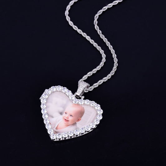 ICED LARGE STONE HEART CUSTOM PHOTO MEDALLION PENDANT + NECKLACE