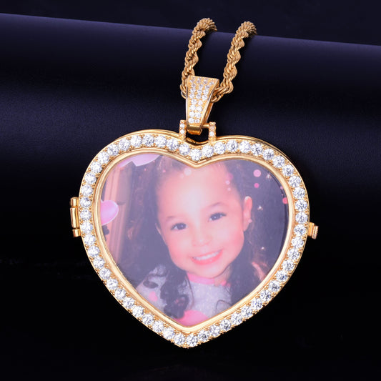 ICED SMALL STONE HEART CUSTOM PHOTO MEDALLION PENDANT + NECKLACE