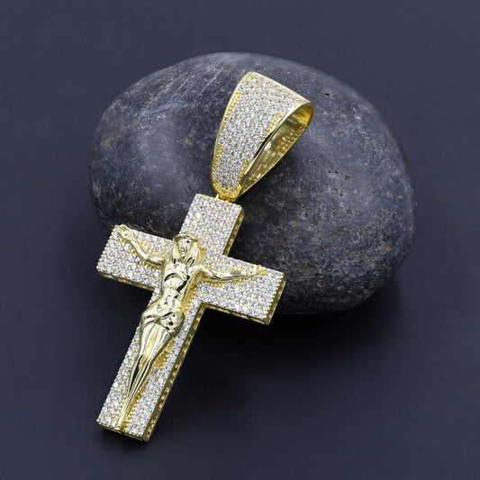 ICED OUT CROSS PENDANT IN YELLOW GOLD