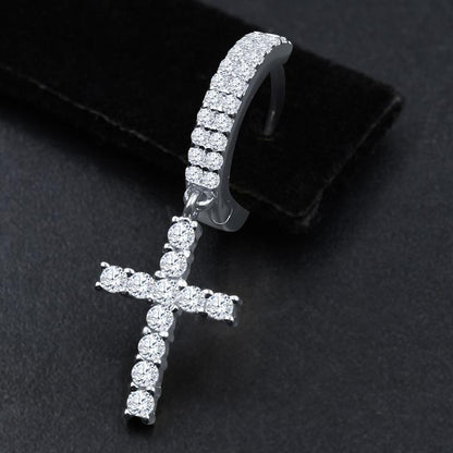 ICED ROUND CUT CROSS DANGLY HOOP EARRINGS IN WHITE GOLD