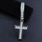 ICED BAGUETTE CROSS DANGLY HOOP EARRINGS IN WHITE GOLD