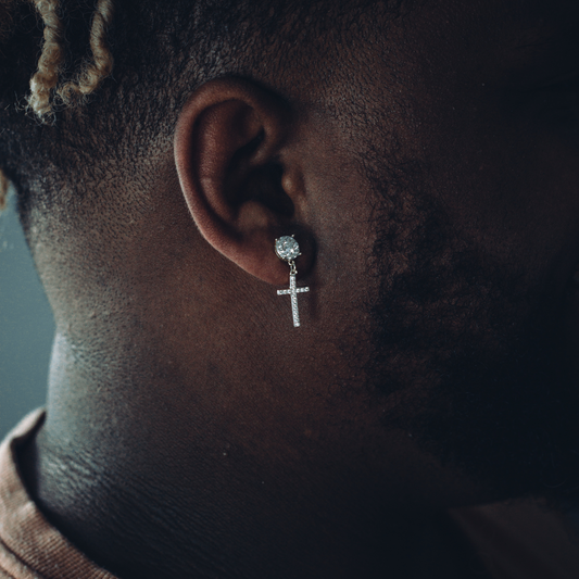 STUD x CROSS DANGLY EARRINGS IN YELLOW GOLD