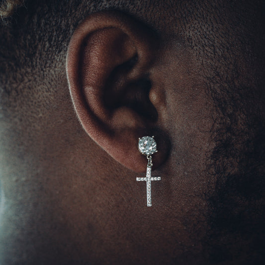 STUD x CROSS DANGLY EARRINGS IN YELLOW GOLD