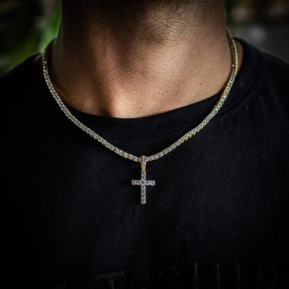 3MM ROUND CUT TENNIS CHAIN + CROSS PENDANT SET