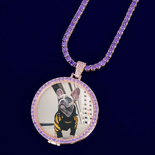 LARGE PURPLE DIAMOND PHOTO MEDALLION + CHAIN