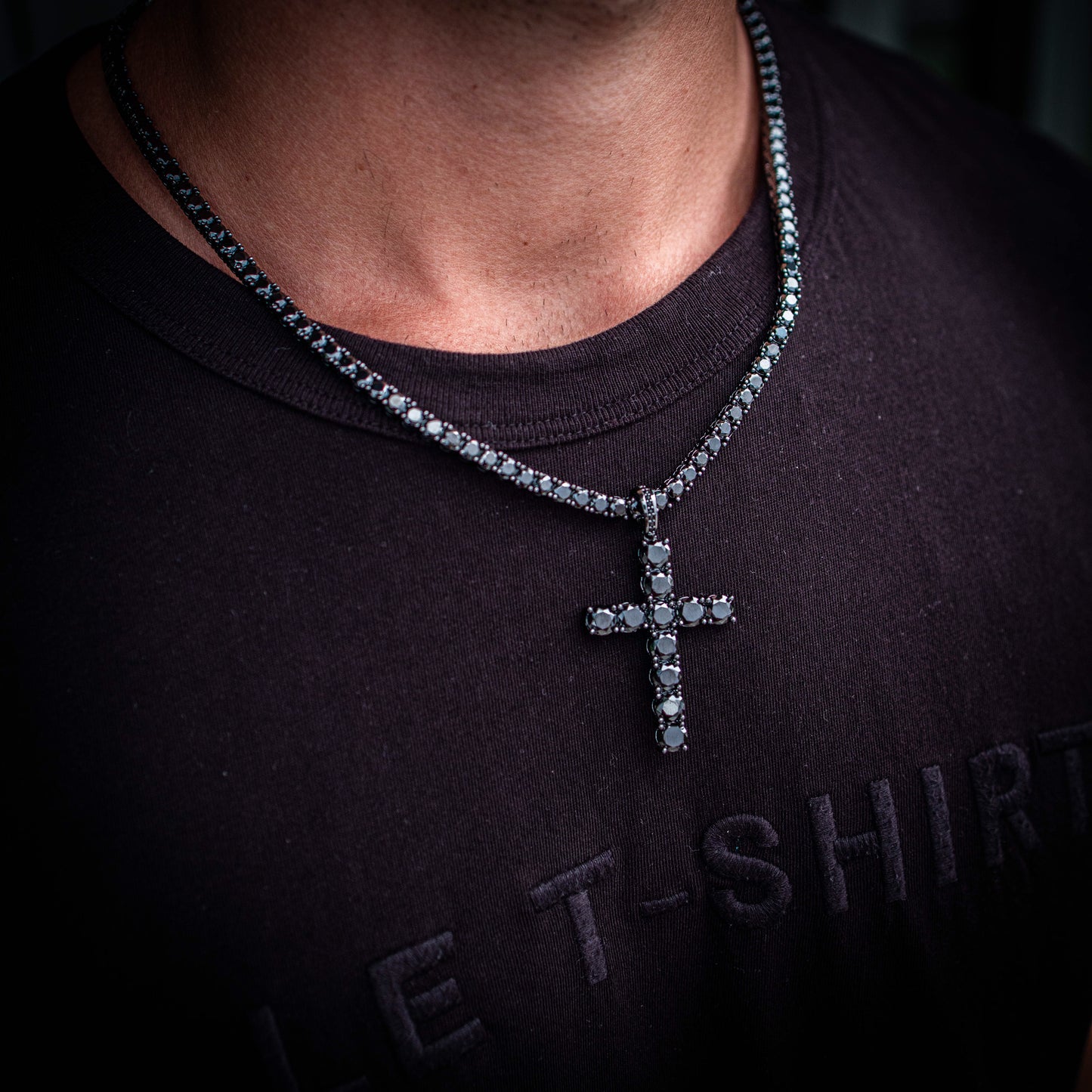 4MM ROUND CUT TENNIS CHAIN + CROSS PENDANT SET IN BLACK