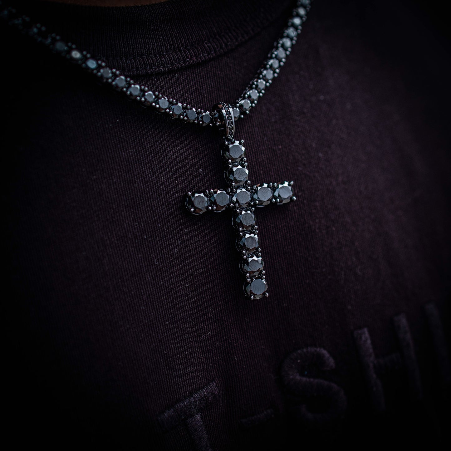 4MM ROUND CUT TENNIS CHAIN + CROSS PENDANT SET IN BLACK