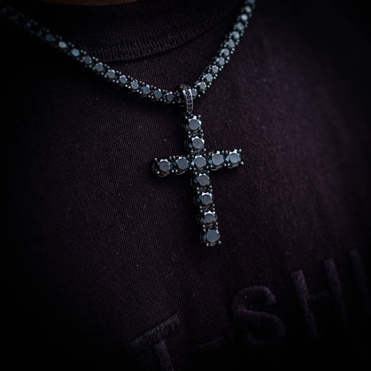 4MM ROUND CUT TENNIS CHAIN + CROSS PENDANT SET IN BLACK