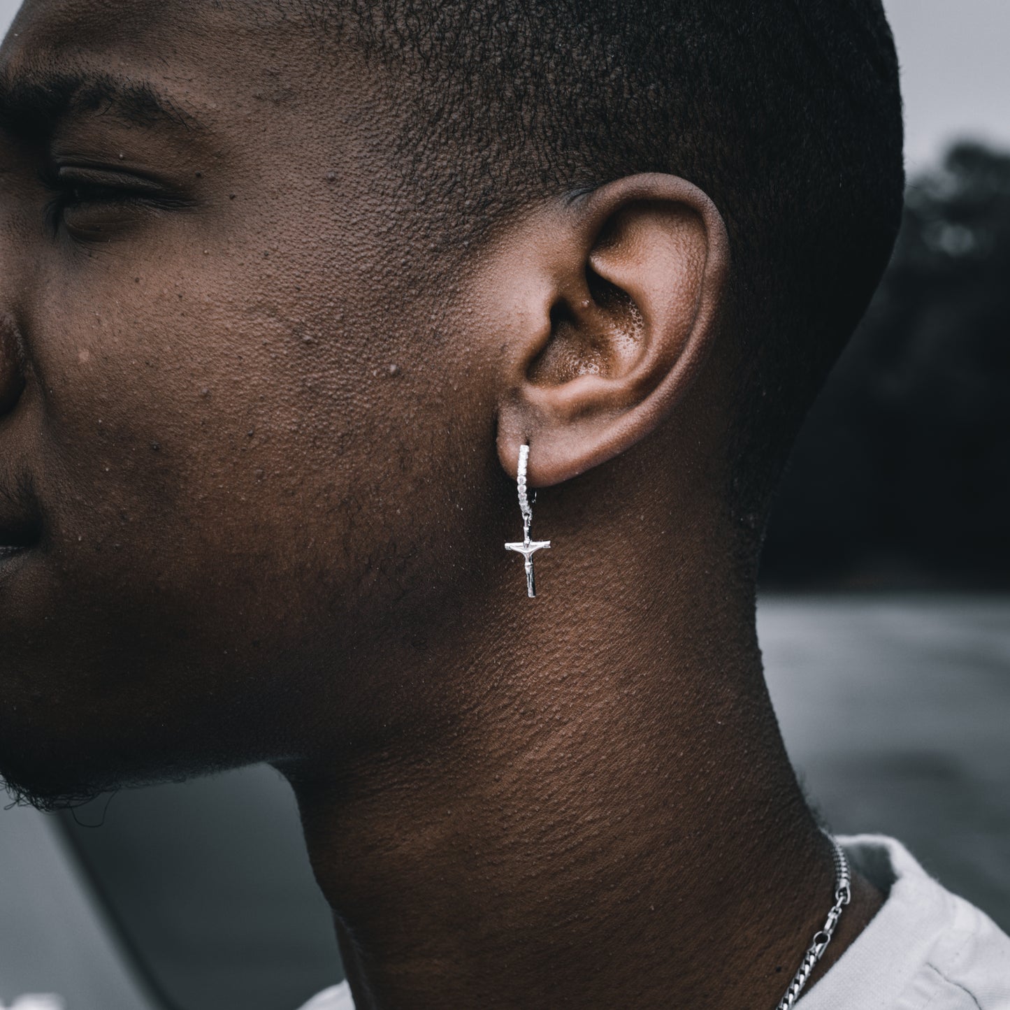 DANGLY MINIMAL CROSS HOOP EARRINGS