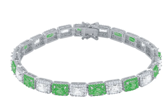 RECT CUT BAGUETTE TENNIS BRACELET // WHITE GOLD X GREEN 6MM