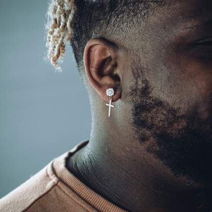 STUD x CROSS DANGLY EARRINGS IN WHITE GOLD