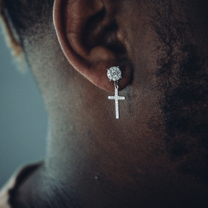 STUD x CROSS DANGLY EARRINGS IN WHITE GOLD